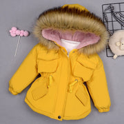 This American style fur coat has a detachable cap and is perfect for protecting your child from cold winters because it is insulated with the soft and warm under feathers from geese.  Made of Polyester Fibre and filled with white goose feather Age ranges from 12-36 months and from 4-8 years Closes with a zipper and the Down Content is 70%